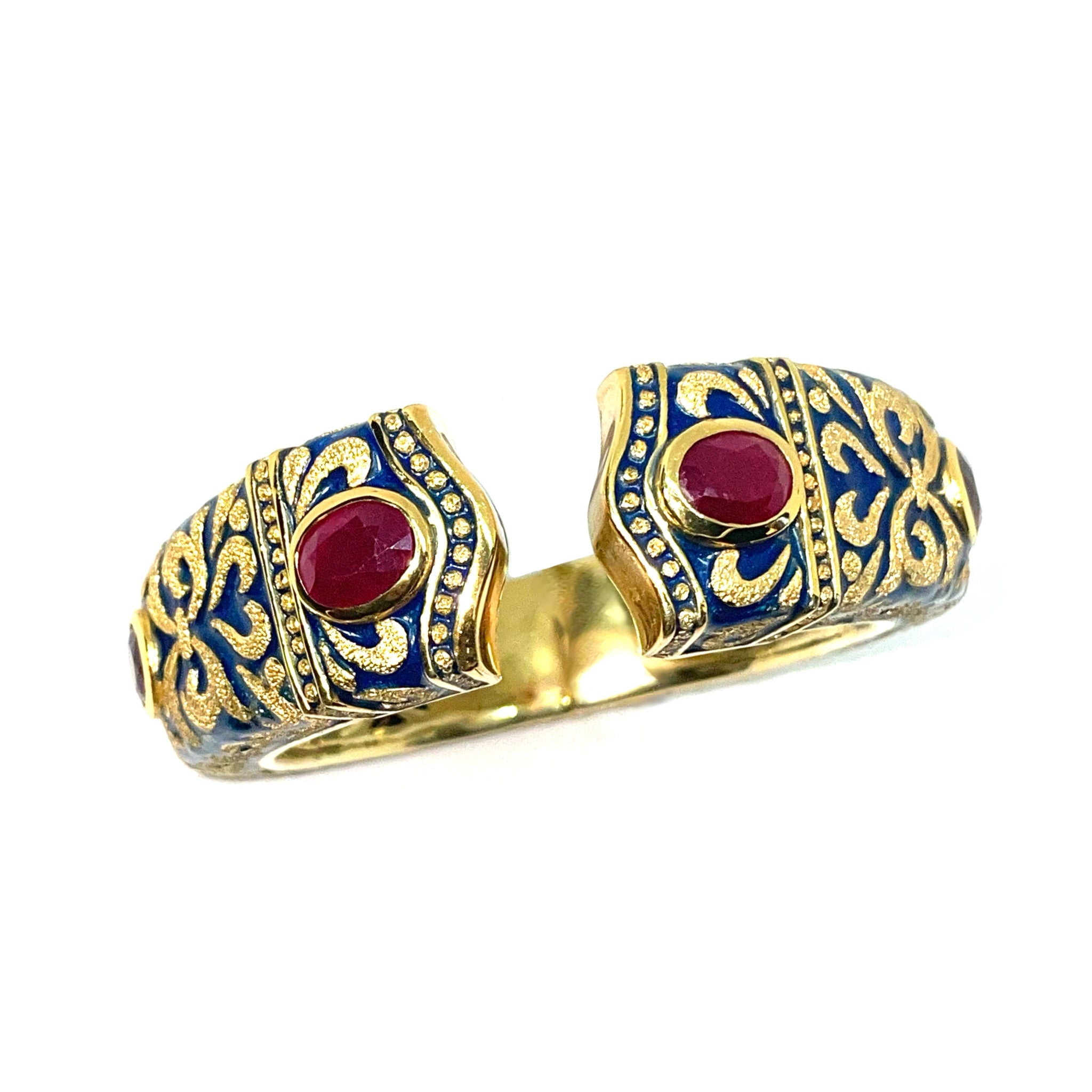The Lover Cuff in 22k Vermeil with Blue Enamel and Rubies