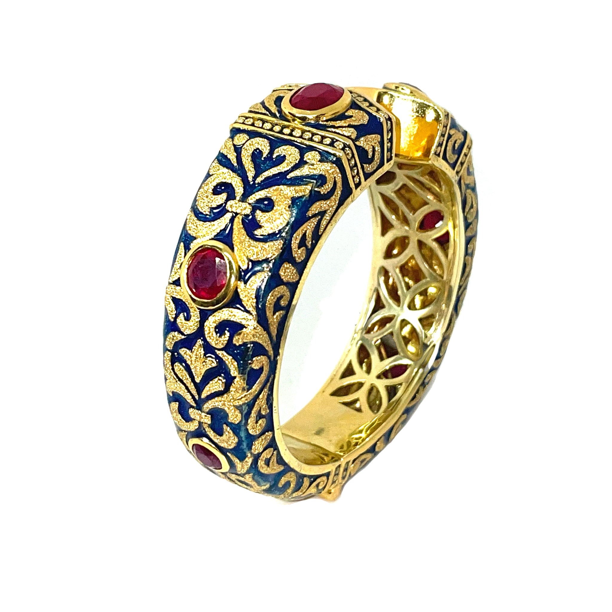 The Lover Cuff in 22k Vermeil with Blue Enamel and Rubies