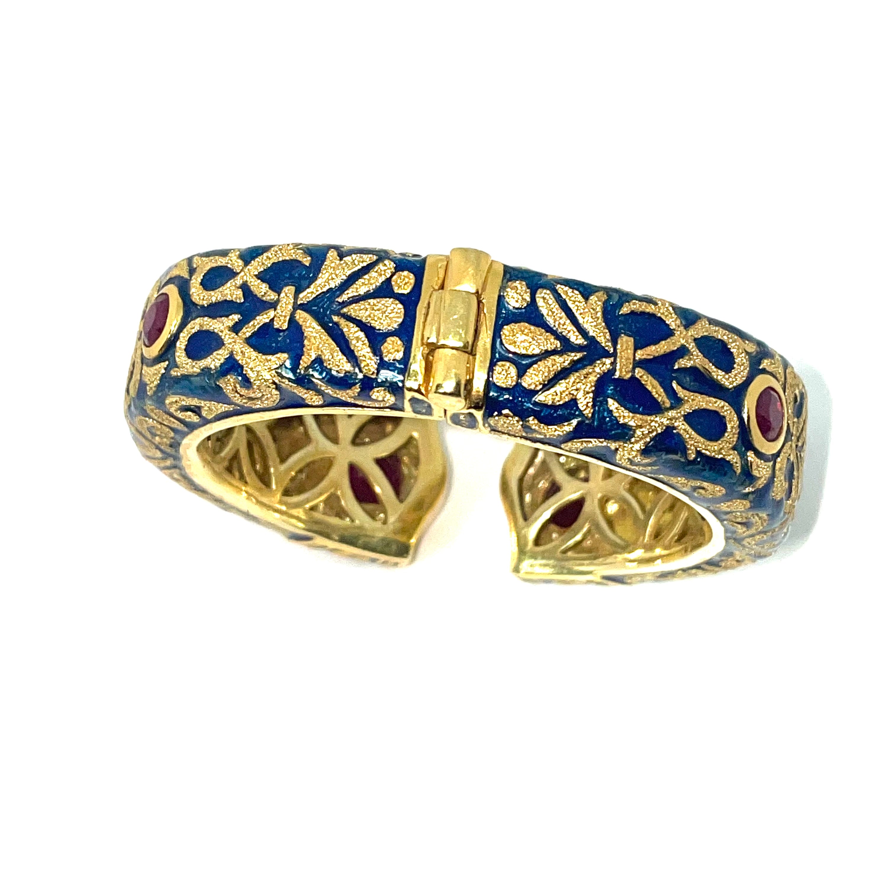 The Lover Cuff in 22k Vermeil with Blue Enamel and Rubies