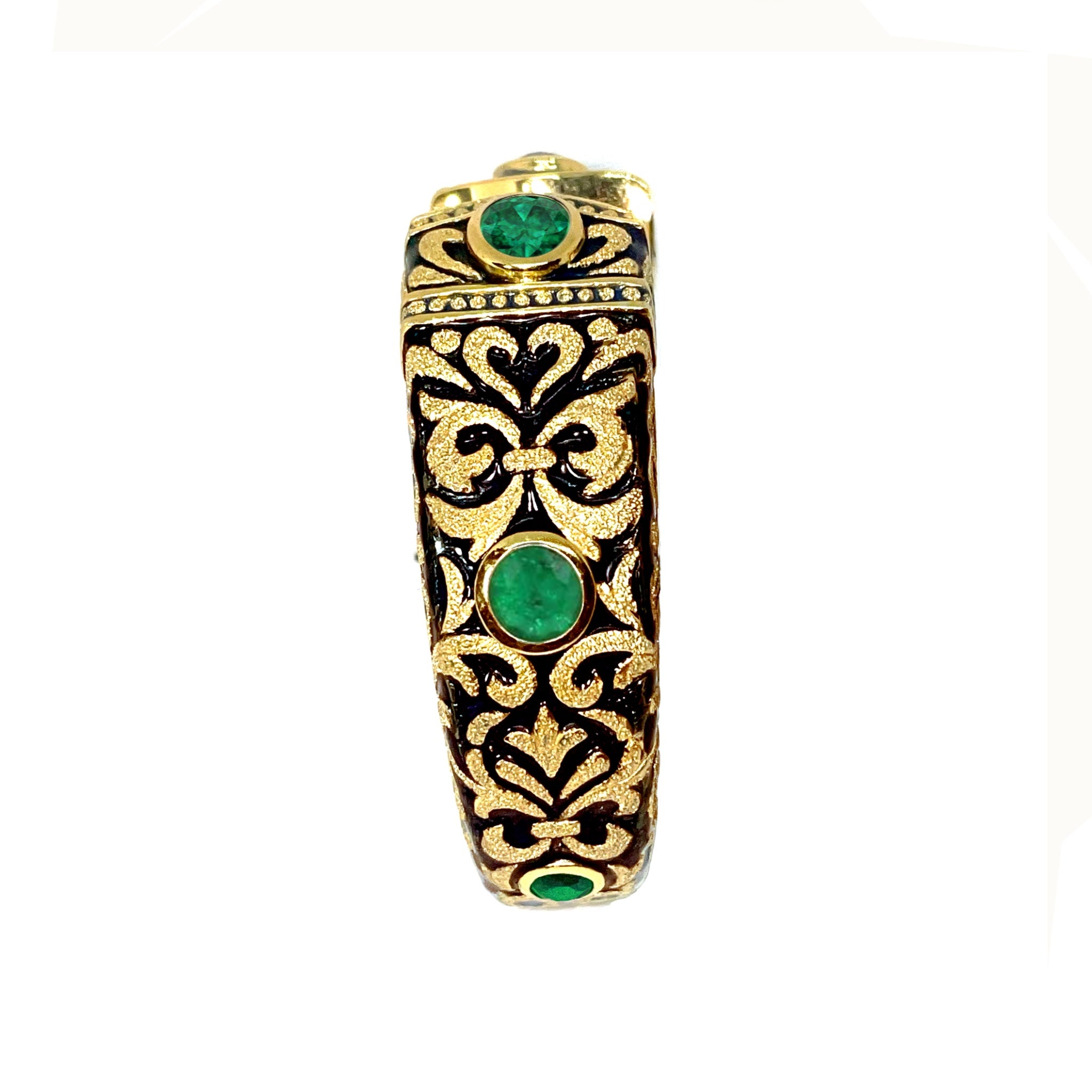 Empress Cuff in 22k Gold Over Silver with Black Enamel and Colombian Emeralds