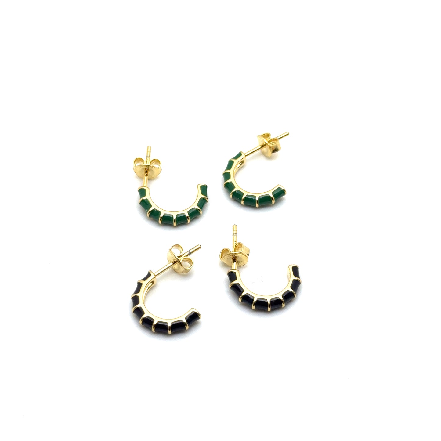 Bamboo Half-Round Earrings in Sterling Silver with Black Enamel or Green Enamel