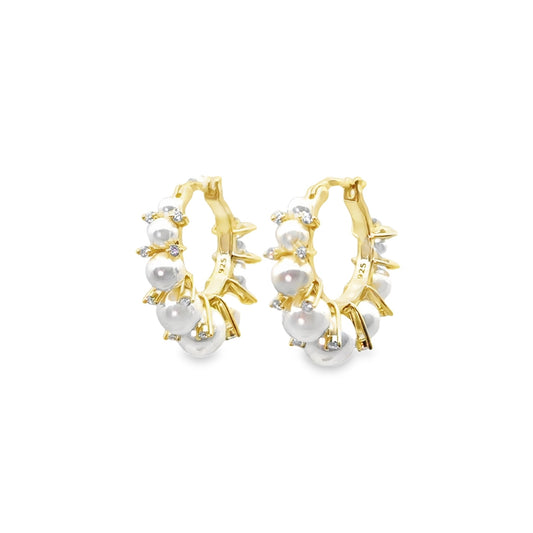 Pearl Hoop Earrings in 18k Gold Over Silver with Pearls and CZs