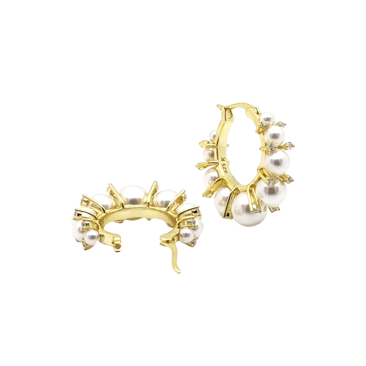 Pearl Hoop Earrings in 18k Gold Over Silver with Pearls and CZs