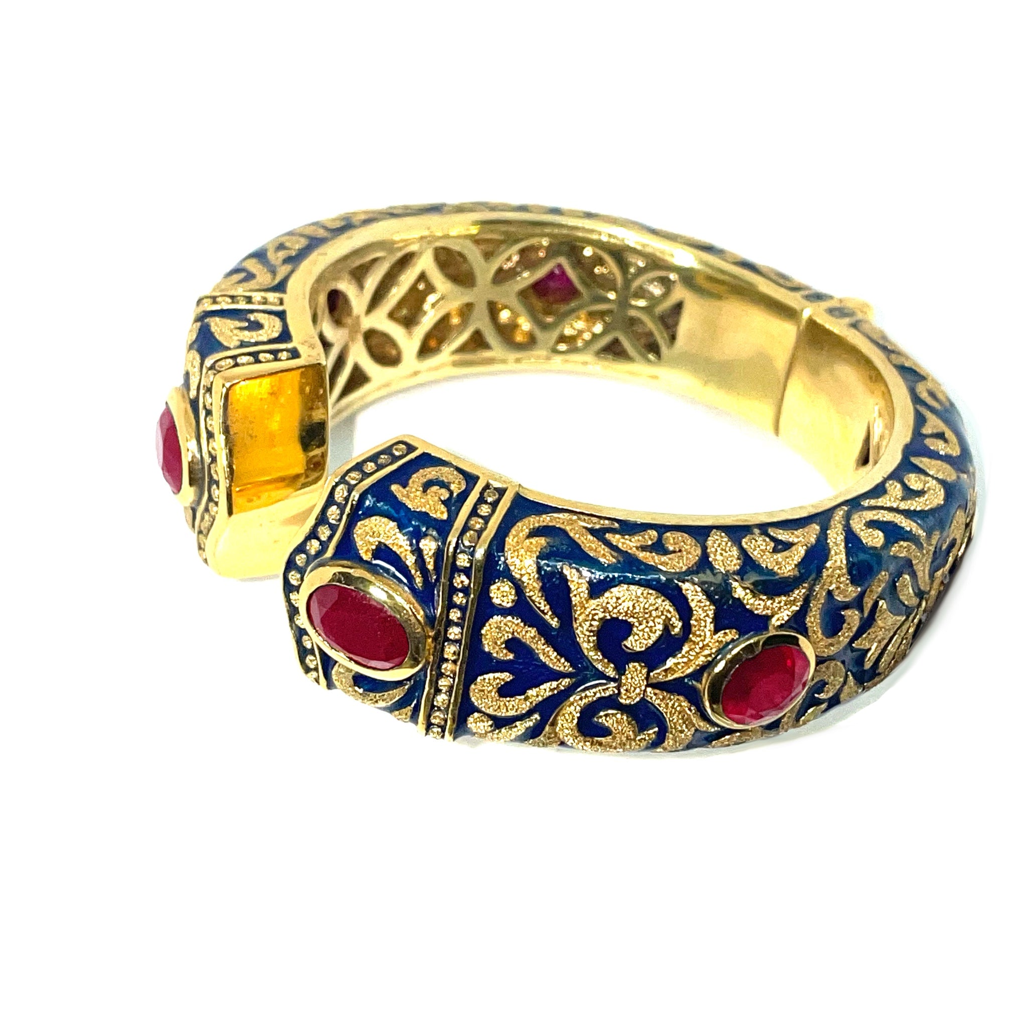 The Lover Cuff in 22k Vermeil with Blue Enamel and Rubies
