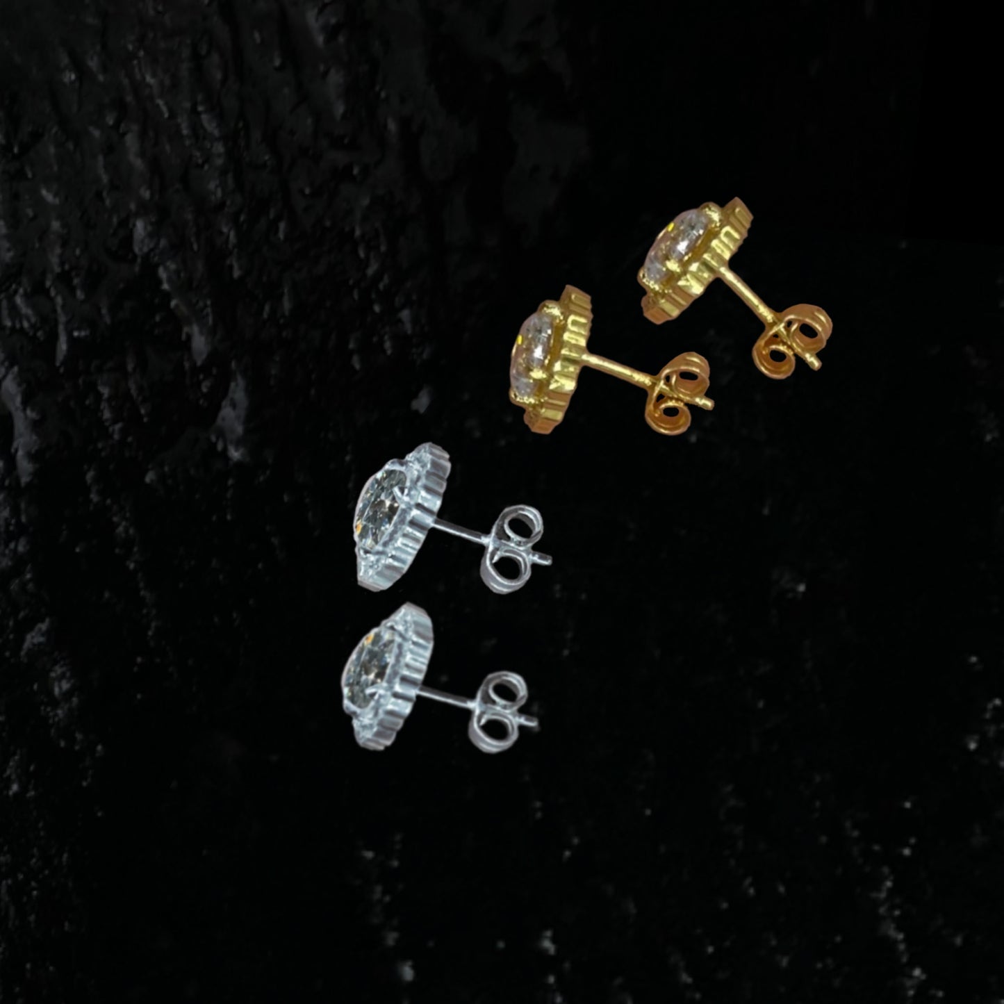 Molten Halo Solitare Studs | Sterling Silver, 18k Vermeil, 18k Yellow Gold with CZs, and 18k White Gold with CZs, 18k Gold with Diamonds, or 18k White Gold with Diamonds