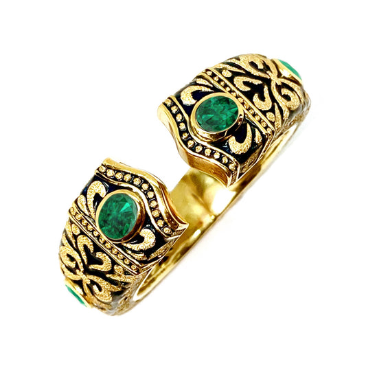 Empress Cuff in 22k Gold Over Silver with Black Enamel and Colombian Emeralds