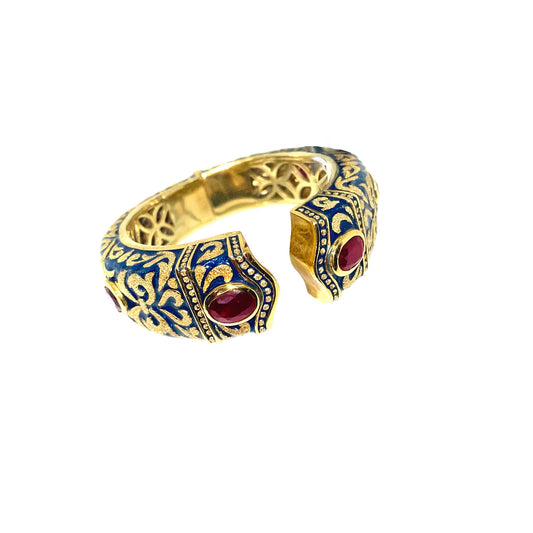 The Lover Cuff in 22k Vermeil with Blue Enamel and Rubies