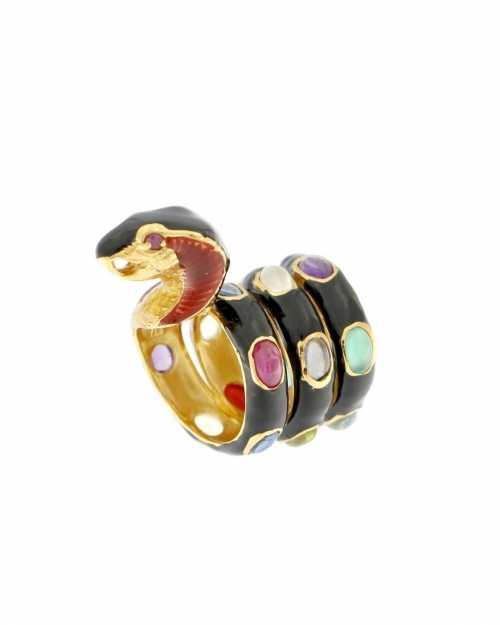 King Cobra Ring in 22k Gold Over Silver with Black Enamel and Saphires, Rubies, Emeralds, and Quartz